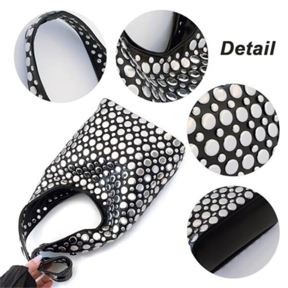 Y2K Hobo Shoulder Bag Punk Studded Top Handle Bag for Women Tote Handbag Black - Picture 5 of 7